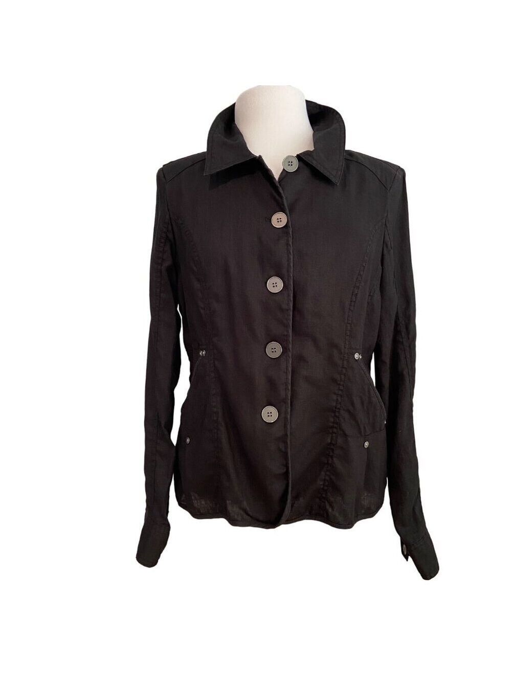 Ecru Black Linen Jacket Women’s Large Button Front Blazer Lightweight Coat